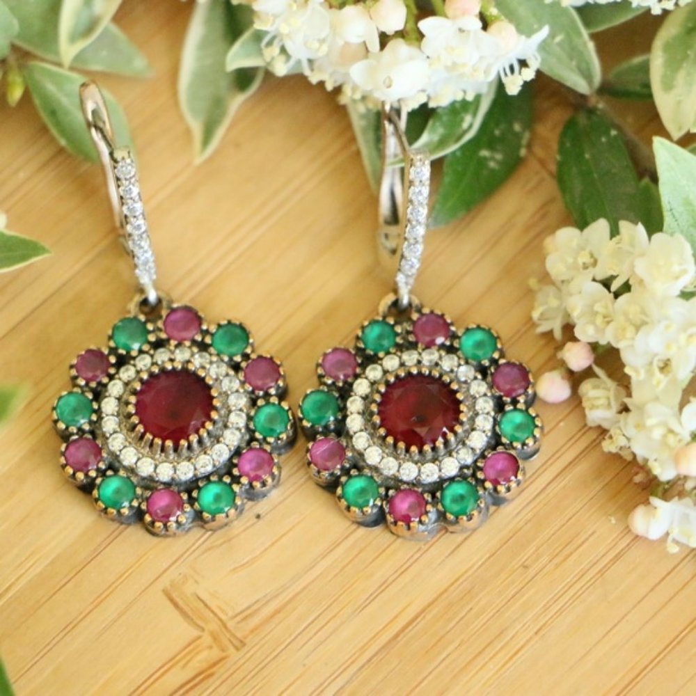 Sterling Silver Jade Stones Dangle Earrings